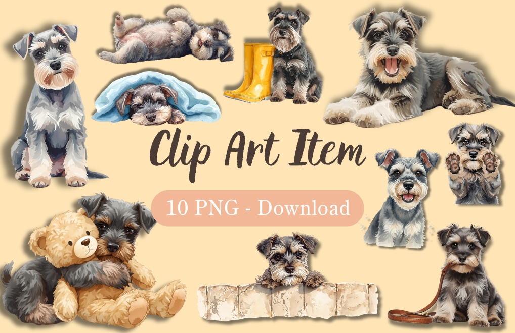【10点セット】ふわふわミニチュアシュナウザーの水彩風クリップアート（背景透過PNG）