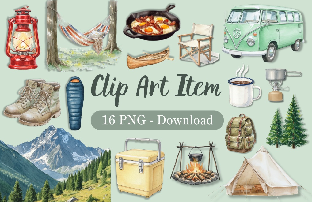 【16点セット】水彩キャンプ・アウトドア クリップアート（背景透過PNG）／手作り・北欧・ヴィンテージ