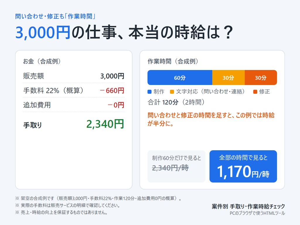 案件別 手取り・作業時給チェック|制作・連絡・修正の時間から値付けを見直す