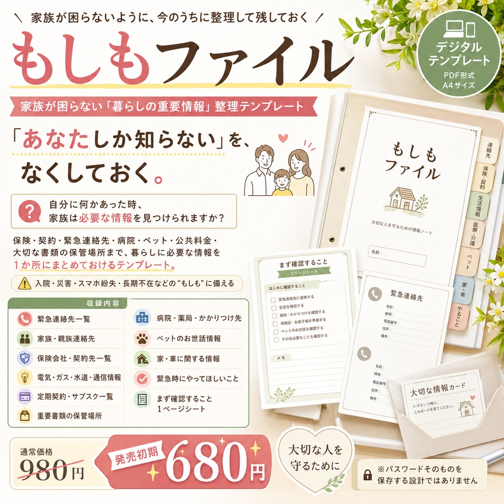 もしもファイル｜家族のための緊急連絡先・保険・契約・重要情報整理テンプレート【PDF】