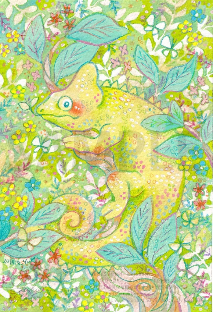 【額装原画作品】くつろぎカメレオン
