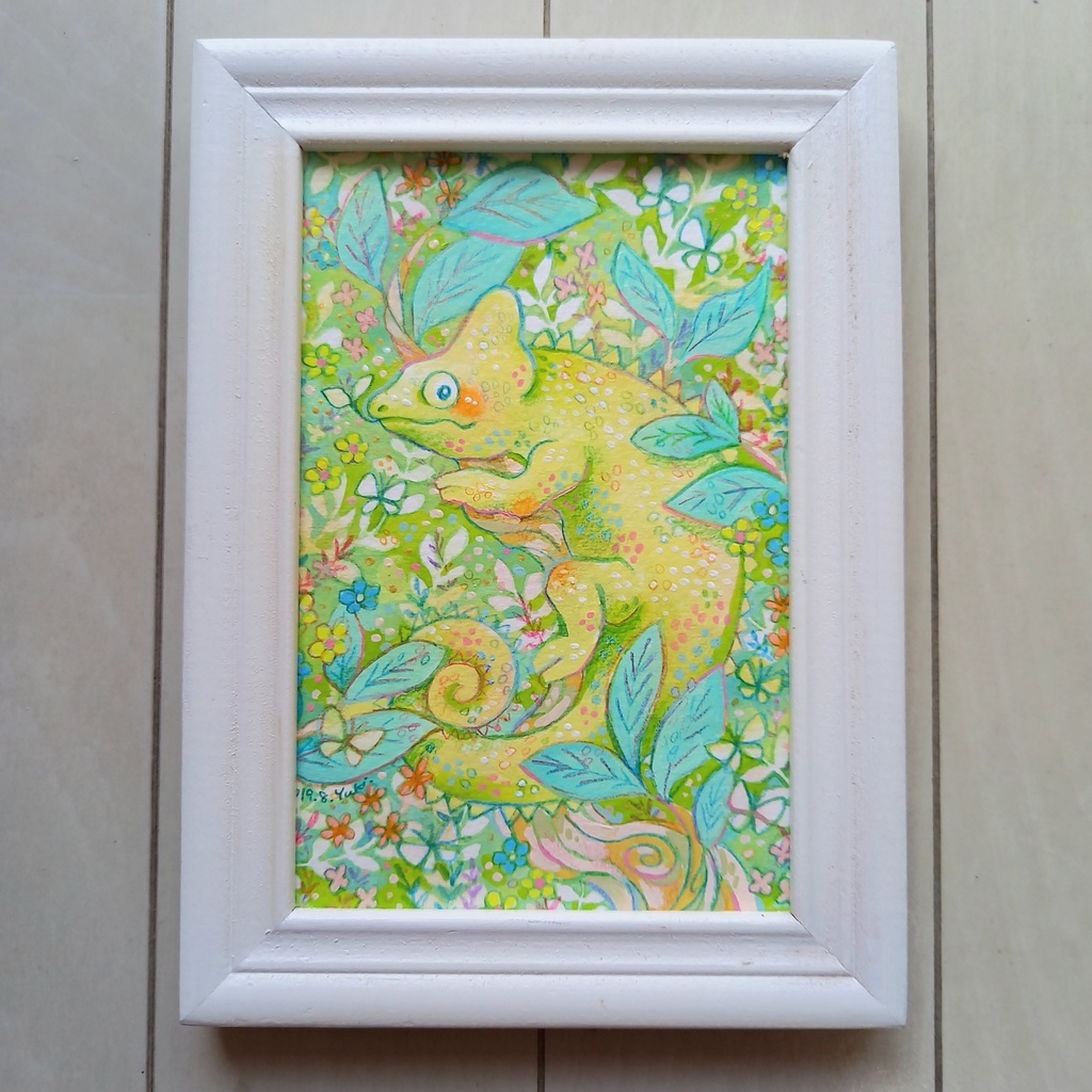 【額装原画作品】くつろぎカメレオン