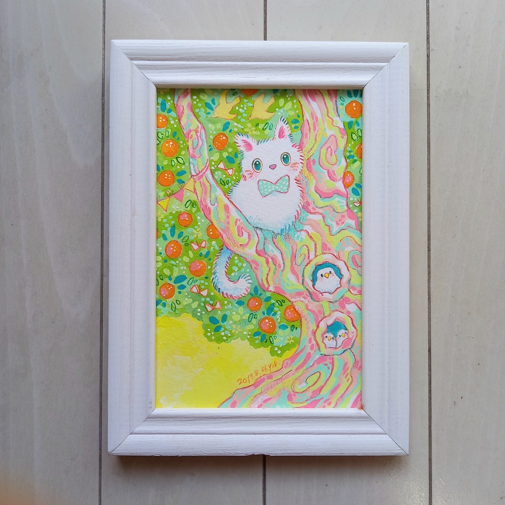 【額装原画作品】白猫さんと実のなる木