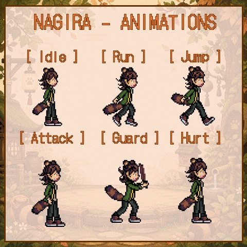 【2Dゲーム素材】タヌキ族「ナギラ」横スクロール用ドット絵モーションセット