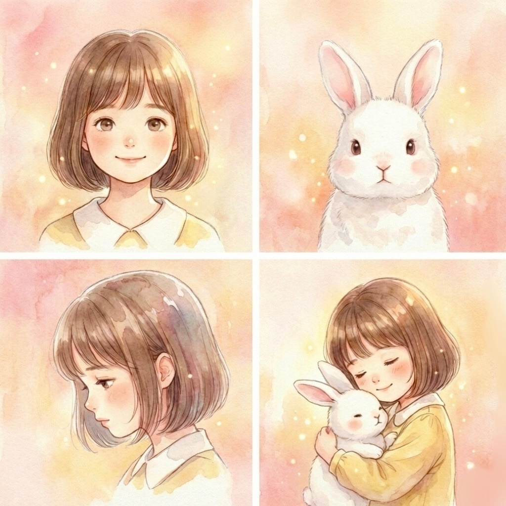 【SNSアイコン】心が疲れた日の「お守り」に。やさしい女の子とうさぎのイラストセット（4枚入）[Digital Download] Gentle Girl & Rabbit Icon Set (4 images)