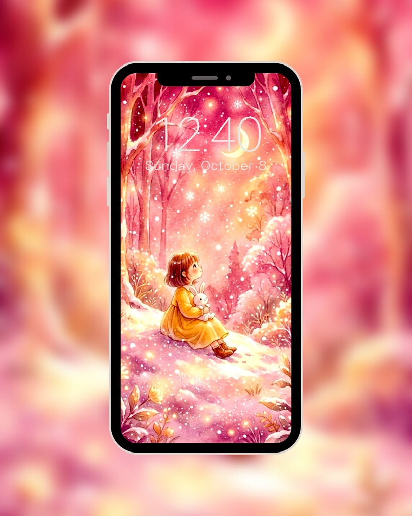 【スマホ壁紙】桃色の雪夜[Smartphone Wallpaper] Pink Winter Forest