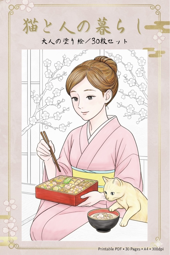 大人の塗り絵「猫と人の暮らし」30枚セット｜A4・PDF・印刷向け300dpi