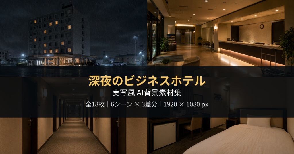 【AI背景素材18枚】深夜のビジネスホテル|実写風・昼夜・不穏差分
