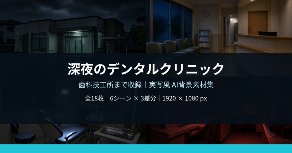 【AI背景素材18枚】深夜のデンタルクリニックと歯科技工所|実写風・昼夜・異変差分