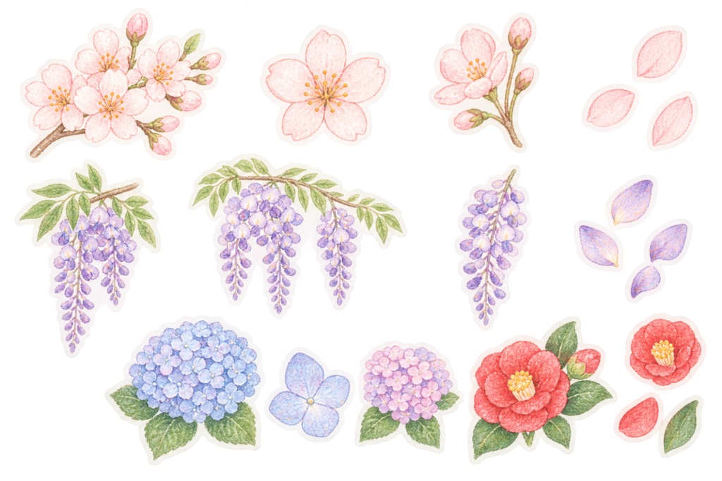 【デジタルステッカー】優しい水彩クレヨン風 和の花セット 19種