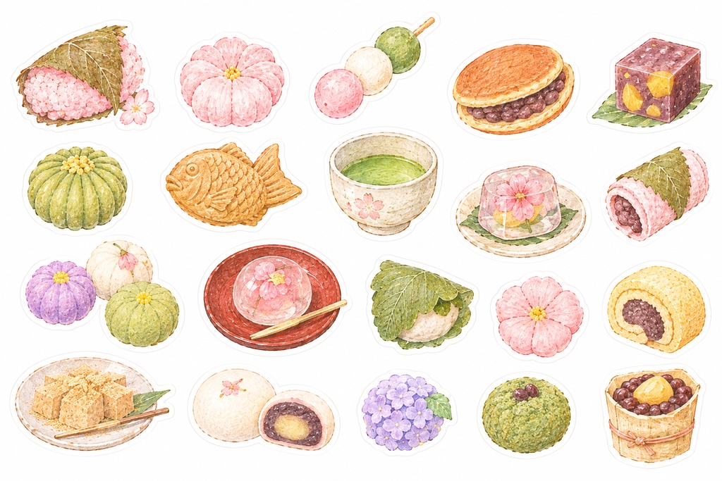 【デジタルステッカー】 優しい水彩クレヨン風 和菓子セット