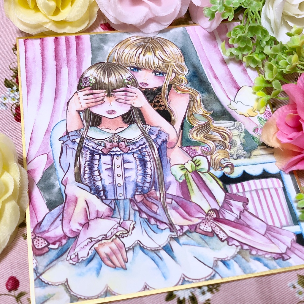 手描きオリジナルイラスト　花束とかわいいロリータドレスの女の子イラスト　中色紙