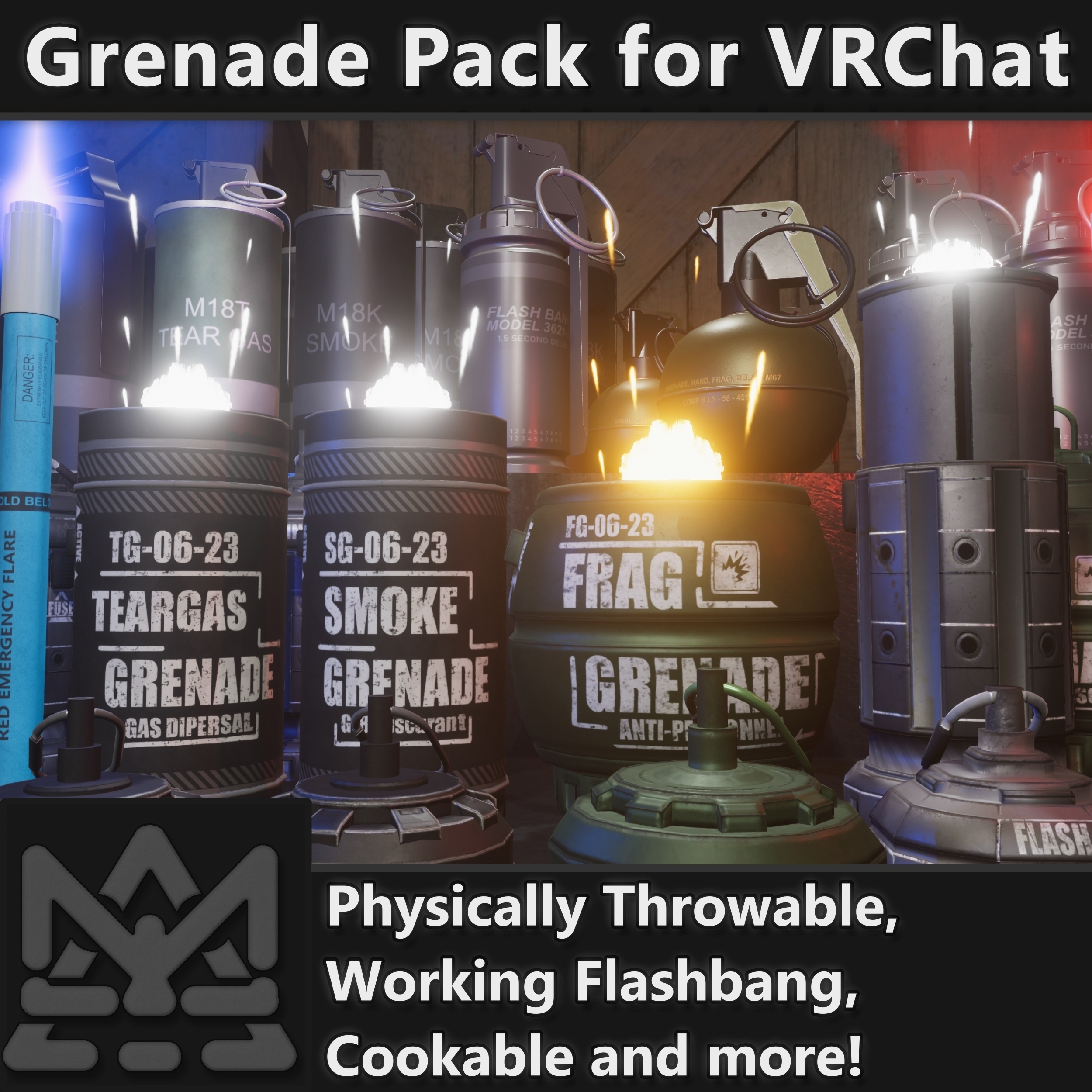 Grenade Pack for VRChat - [グレネード, VRチャット, アバターダイナミクス, 武器, 爆弾, スモーク, ミリタリー, 爆発的な]