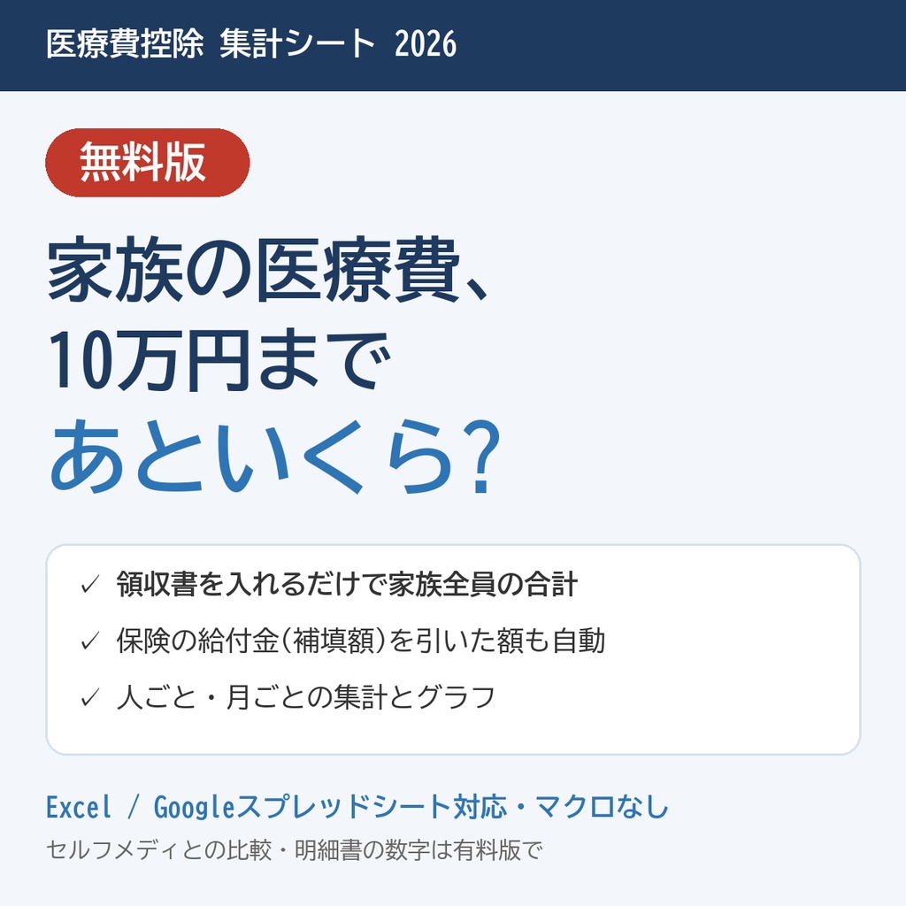 【無料】医療費控除 集計シート2026|家族の医療費を入れるだけで「10万円まであといくら」を自動表示【Excel/スプレッドシート】