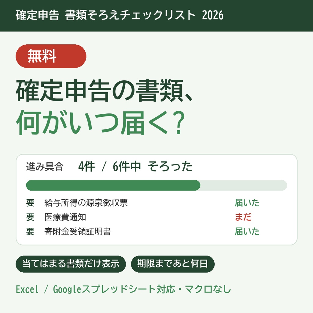 【令和8年分】確定申告3点セット|副業・医療費控除・ふるさと納税が1つのExcelで連動、申告の数字を1枚にまとめる【Excel/スプレッドシート】