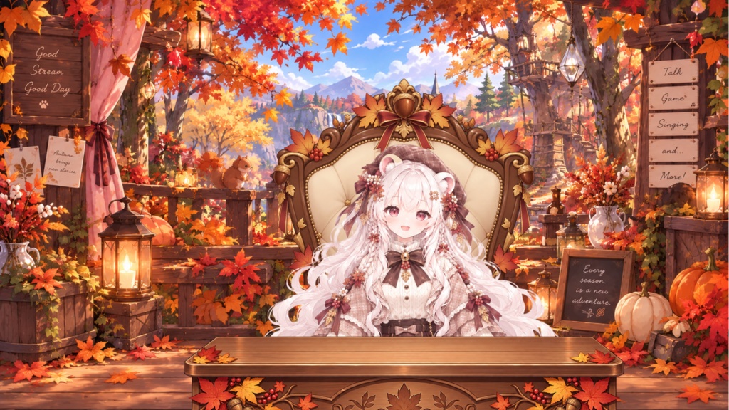 VTuber向け|秋の配信背景セット 動画背景2種+テーブル2種+椅子2種