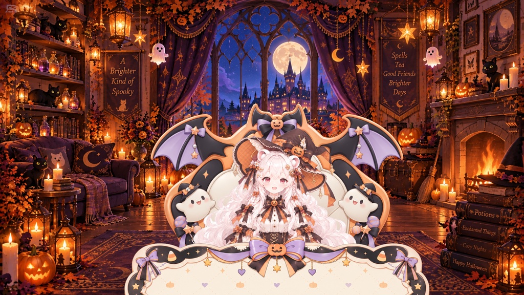 VTuber向け｜ハロウィン配信背景セット  動画背景2種＋静止画1種＋テーブル2種＋椅子2種