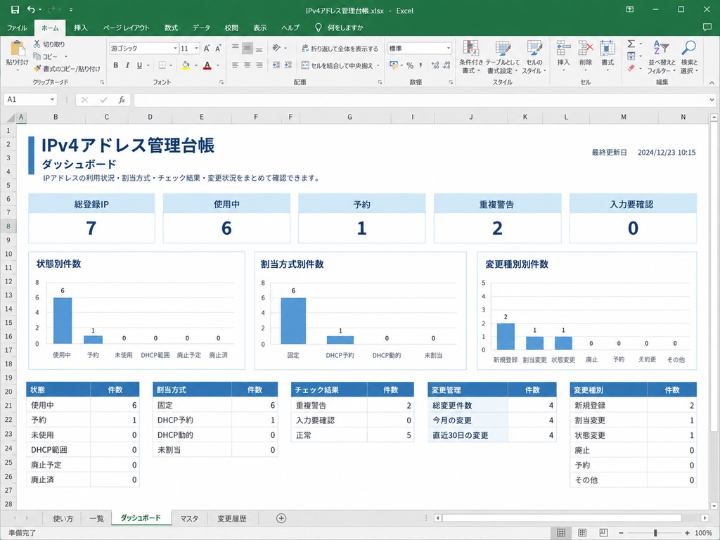 社内SE・情シス向け|IPアドレス管理台帳 Excel版【ダッシュボード・更新履歴付き】
