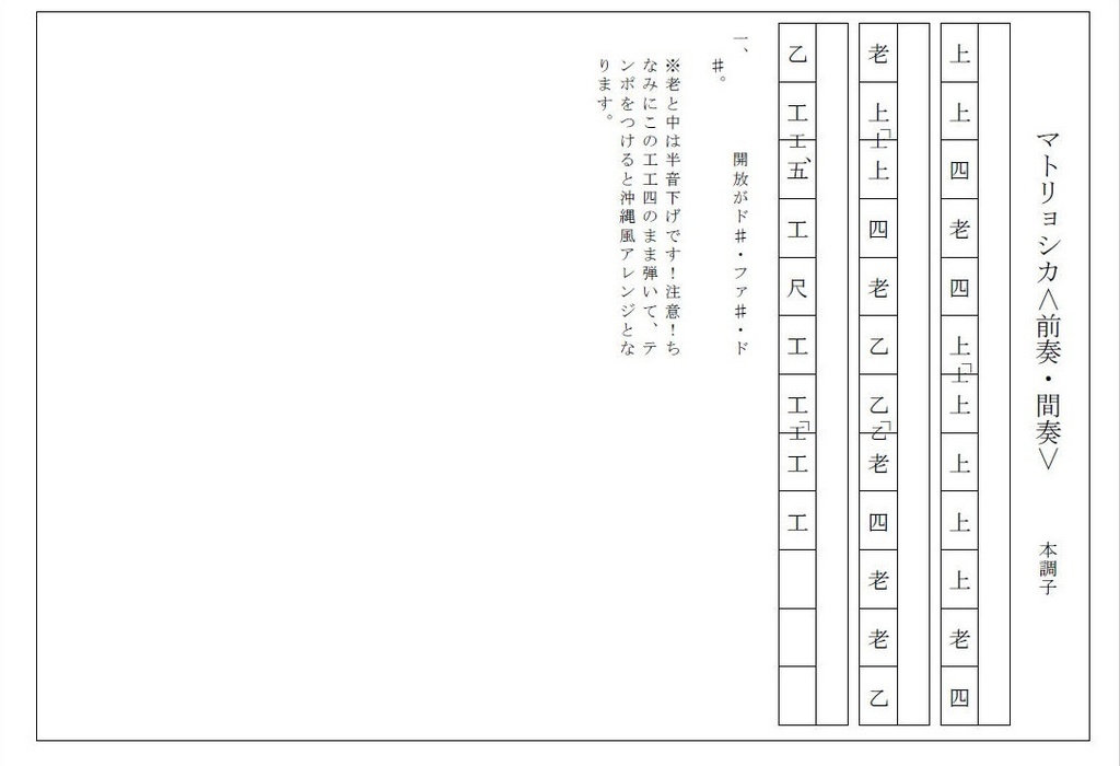 マトリョシカ/沖縄三線譜面(工工四)