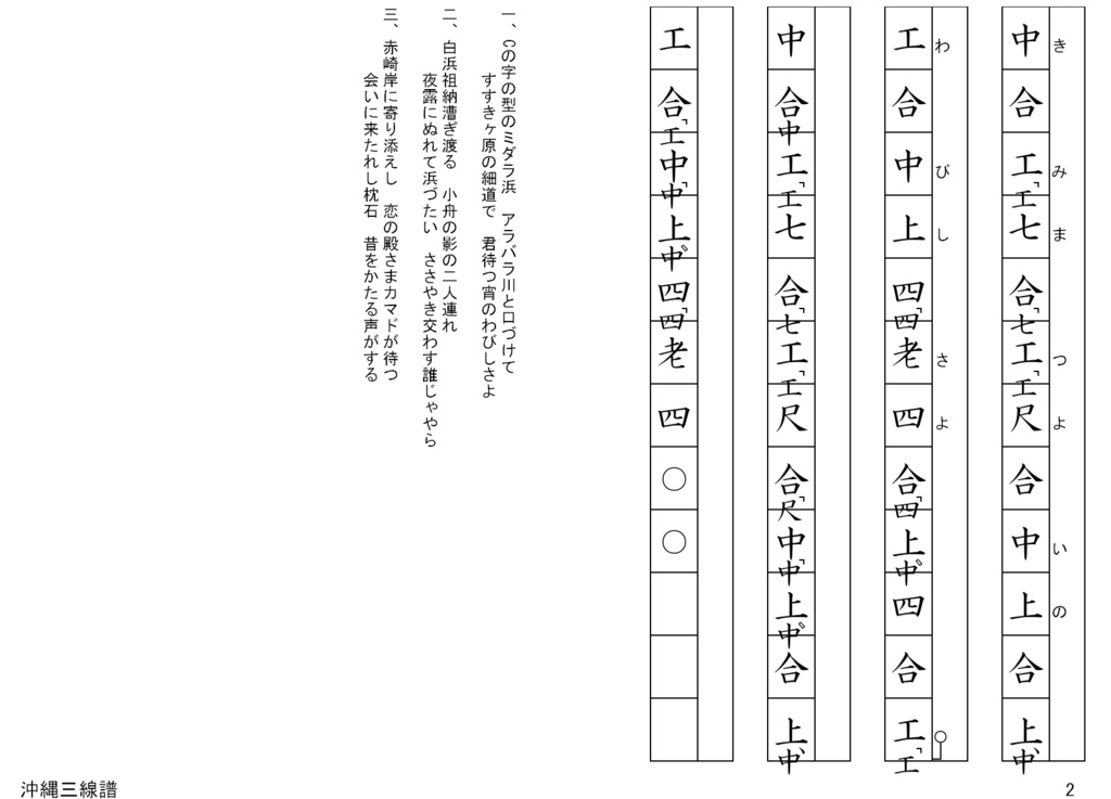 美田良浜エレジー/沖縄三線譜面(工工四)