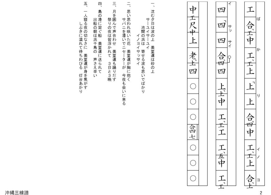 池間みやらび/沖縄三線譜面(工工四)