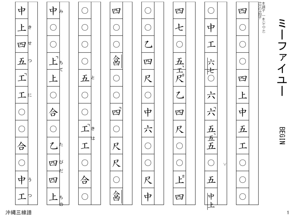 ミーファイユー(BEGIN)/沖縄三線譜面(工工四)