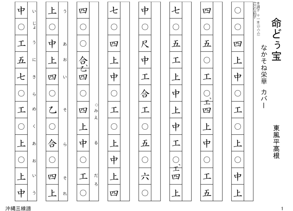 命どぅ宝(なかそね栄華ver. )/沖縄三線譜面(工工四)