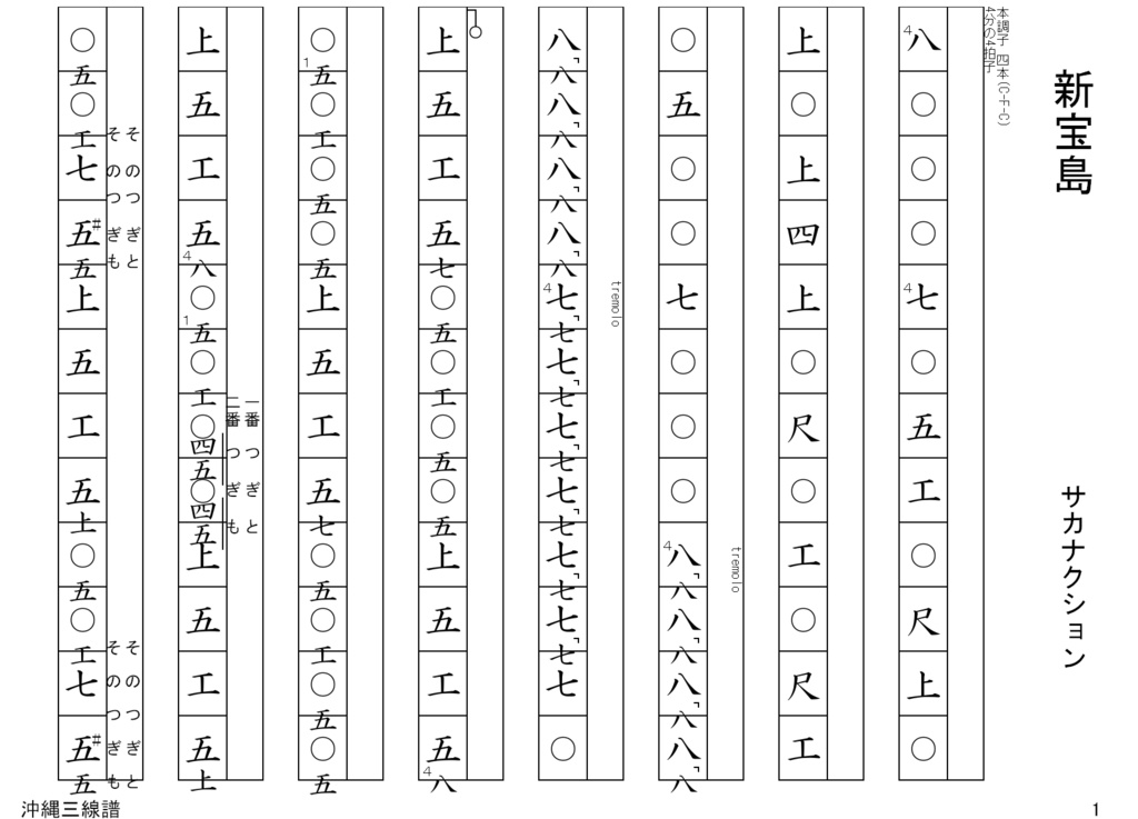 新宝島 ( サカナクション )/ 沖縄 三線 譜面( 工工四 )