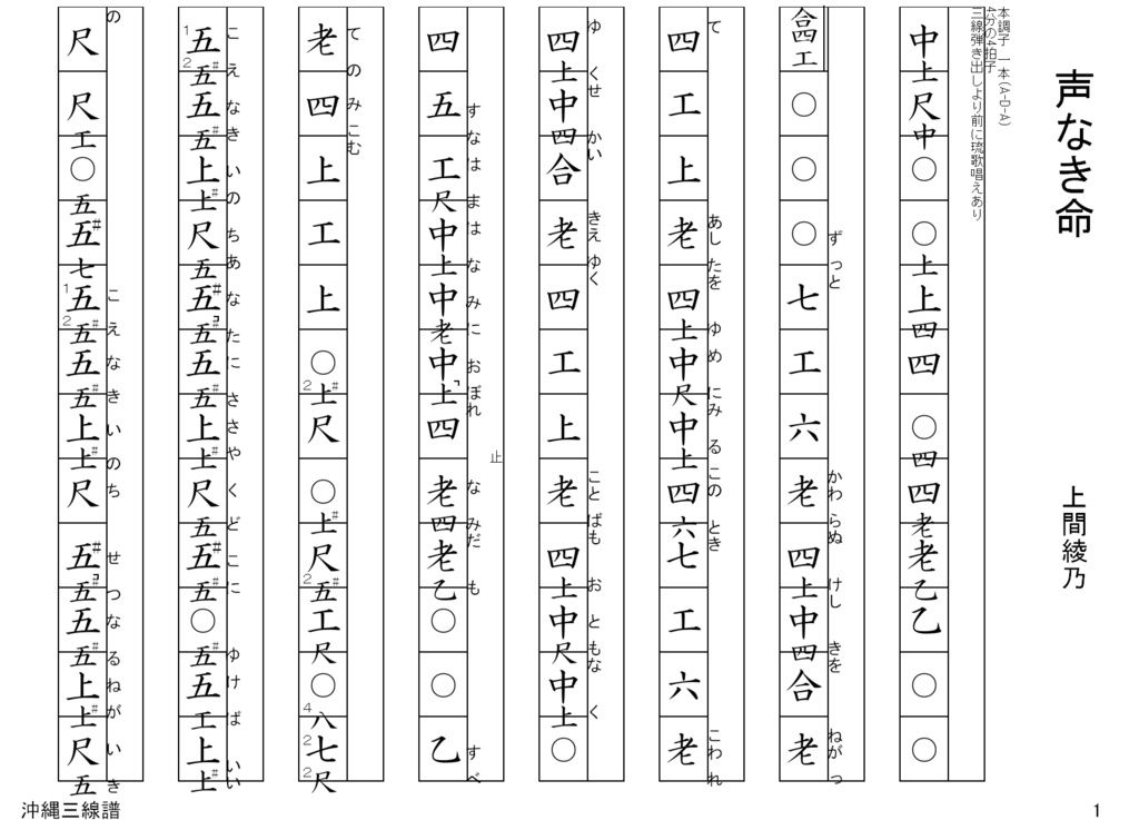 声なき命 ( 上間綾乃 )/ 沖縄 三線 譜面( 工工四 )