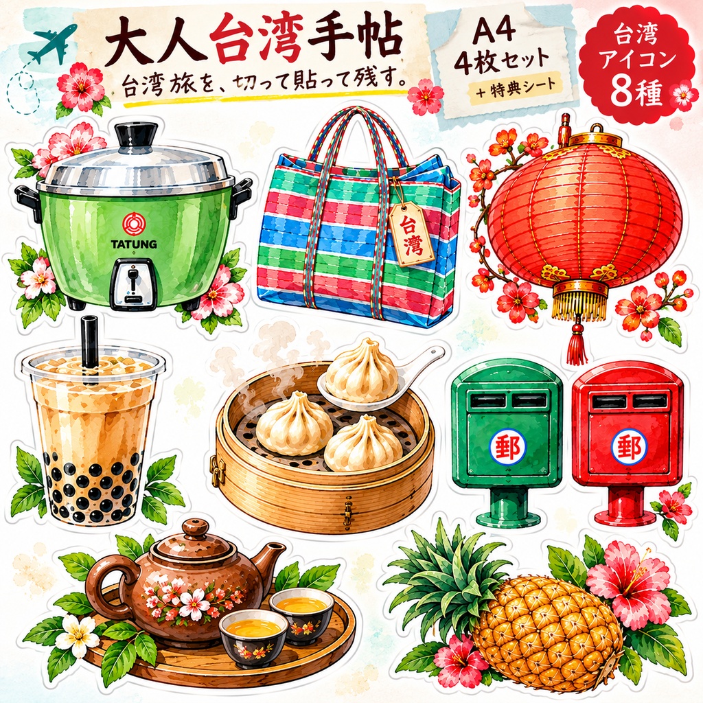 【デジタルペーパー】大人台湾手帖｜台湾旅行・手帳デコ素材 4枚セット＋特典