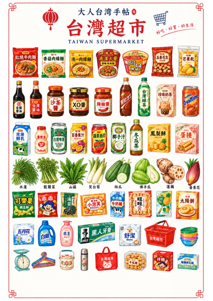 【大人台湾手帖】台湾スーパー デジタルペーパー｜台湾食品・雑貨・野菜56アイテム｜A4・手帳デコ・コラージュ
