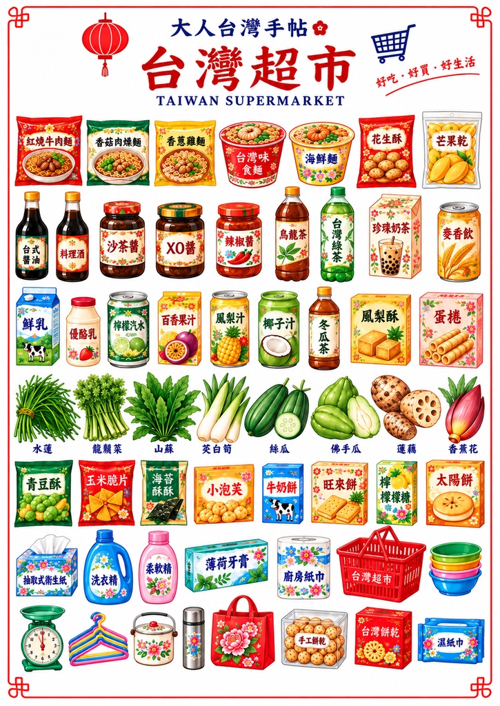 【大人台湾手帖】台湾スーパー デジタルペーパー｜台湾食品・雑貨・野菜56アイテム｜A4・手帳デコ・コラージュ