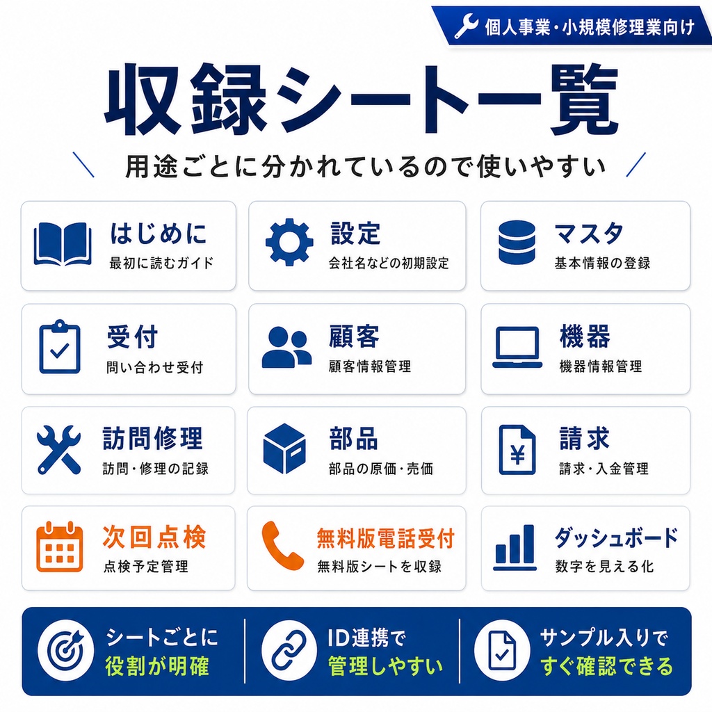 小さな修理屋さんの仕事管理Excel Pro|受付・顧客・修理・部品・請求・点検を一元管理