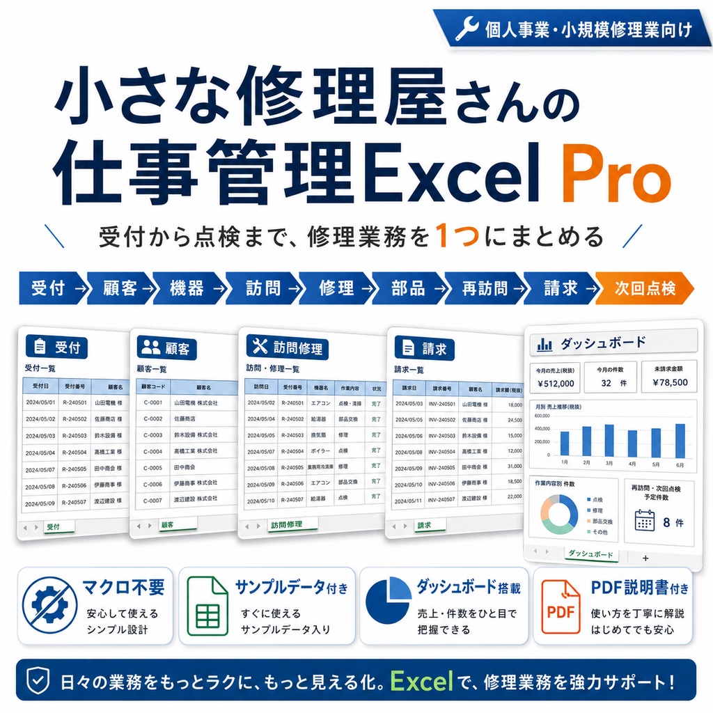 小さな修理屋さんの仕事管理Excel Pro|受付・顧客・修理・部品・請求・点検を一元管理