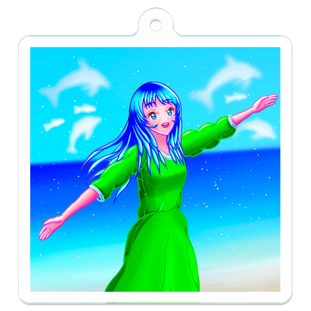 【蒼池璃沙】海風のシンフォニー、輝く波とイルカ雲 アクリルキーホルダー
