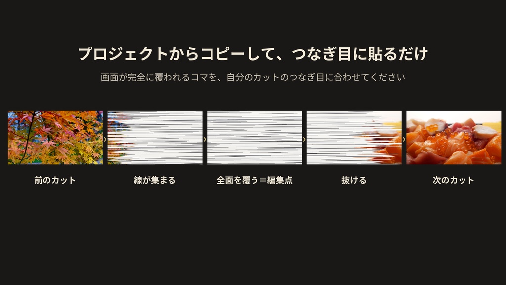 マンガ・インパクト トランジション 10種|集中線・爆煙・コマ割り・描き文字|Premiere Pro プロジェクト(MP4)・横型+縦型