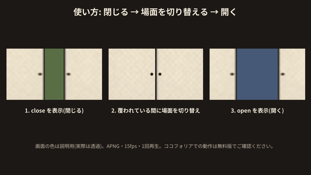 【ココフォリア素材】和の建具トランジション 10種|障子・襖・暖簾・簾|APNG 閉じる・開く【無料版あり】