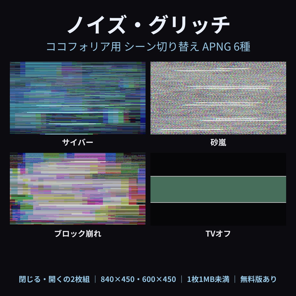 【ココフォリア素材】ノイズ・グリッチ シーン切り替え 6種|砂嵐・サイバー・TVオフ|APNG 閉じる・開く【無料版あり】