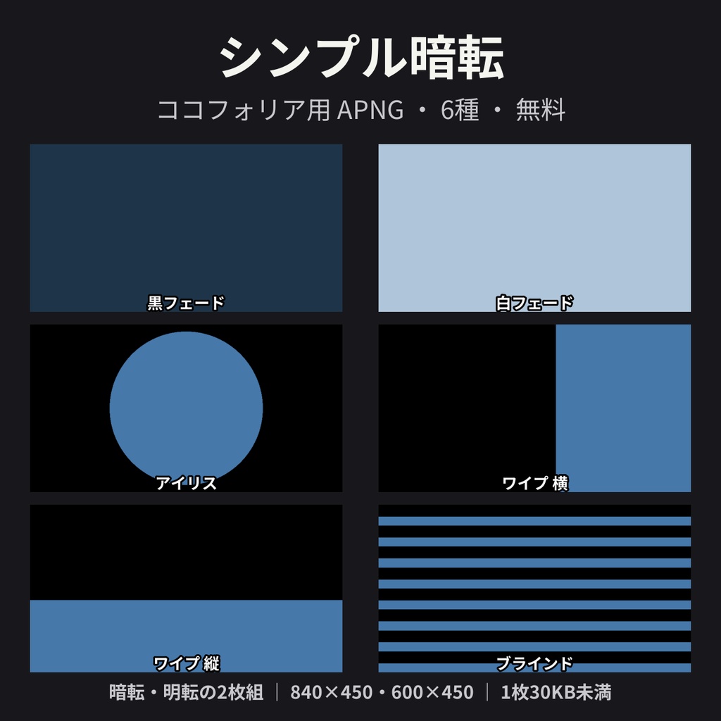 【無料・ココフォリア素材】シンプル暗転 6種｜フェード・アイリス・ワイプ・ブラインド｜APNG 暗転・明転