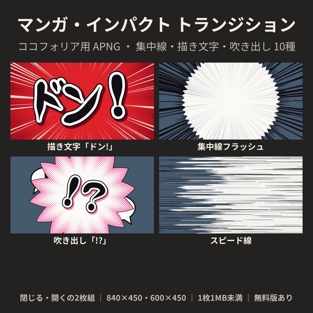 【ココフォリア素材】マンガ・インパクト トランジション 10種|集中線・描き文字・吹き出し・ガーン|APNG 閉じる・開く【無料版あり】