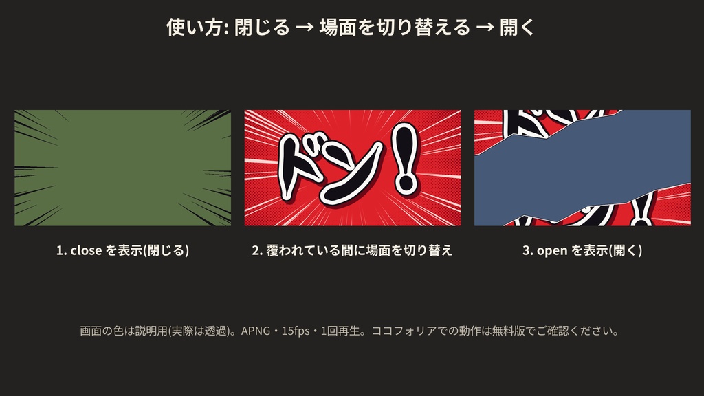 【ココフォリア素材】マンガ・インパクト トランジション 10種|集中線・描き文字・吹き出し・ガーン|APNG 閉じる・開く【無料版あり】