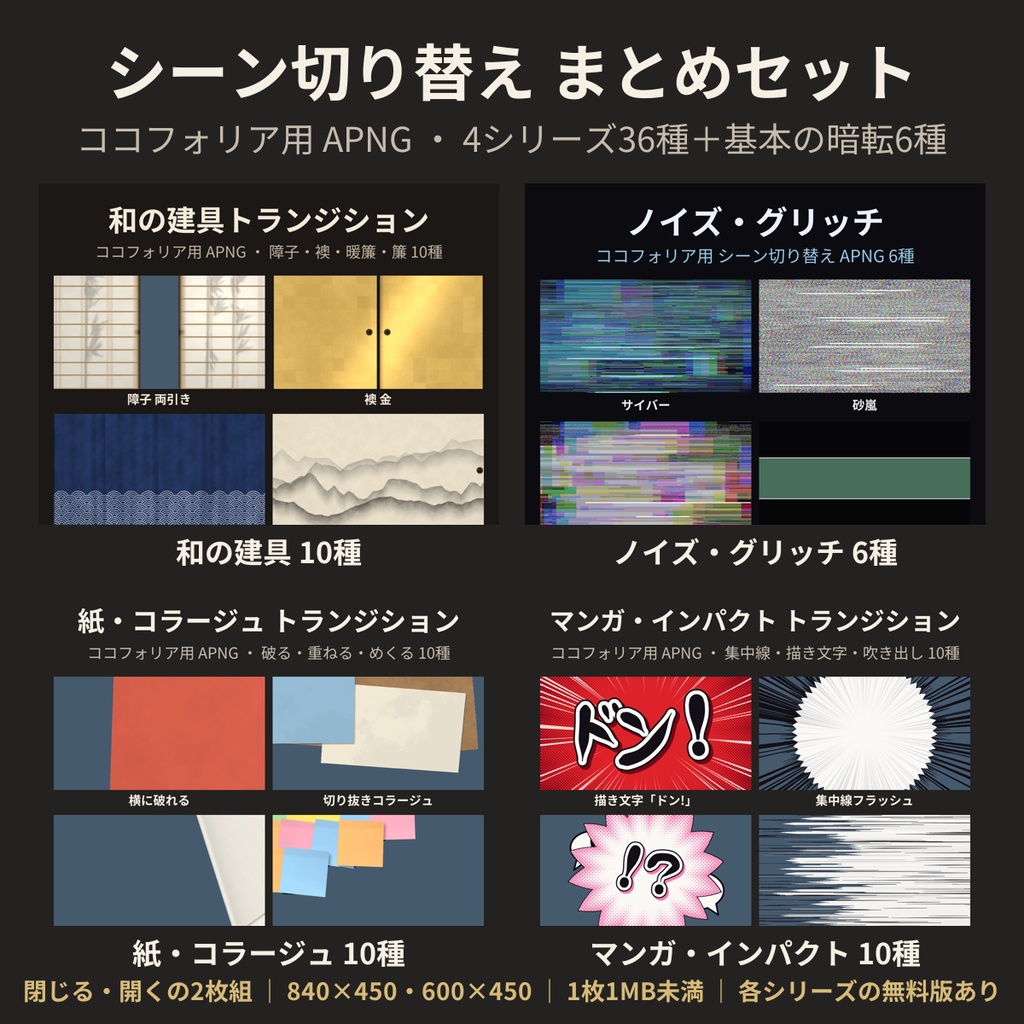 【ココフォリア素材】シーン切り替え まとめセット 42種|和の建具・ノイズ・紙・コラージュ・マンガ＋基本の暗転|APNG 閉じる・開く