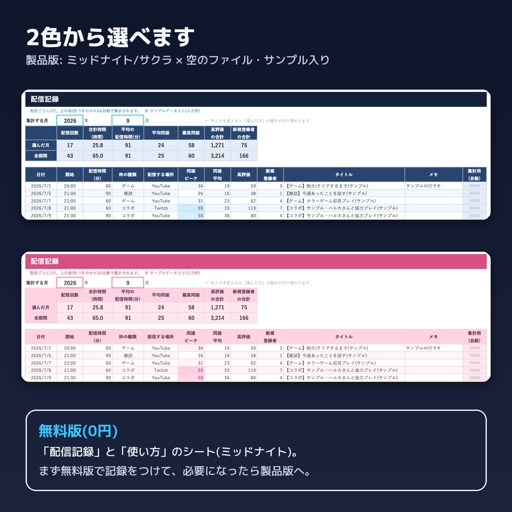 【Excel】配信者・VTuber の活動管理シート|配信スケジュール・配信記録・月次グラフ・収支・企画・コラボ管理表|スプレッドシート形式(.xlsx)|無料版あり