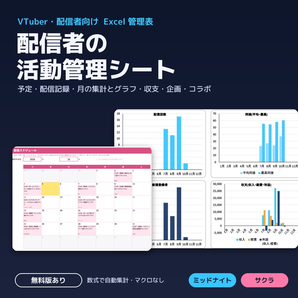 【Excel】配信者・VTuber の活動管理シート|配信スケジュール・配信記録・月次グラフ・収支・企画・コラボ管理表|スプレッドシート形式(.xlsx)|無料版あり
