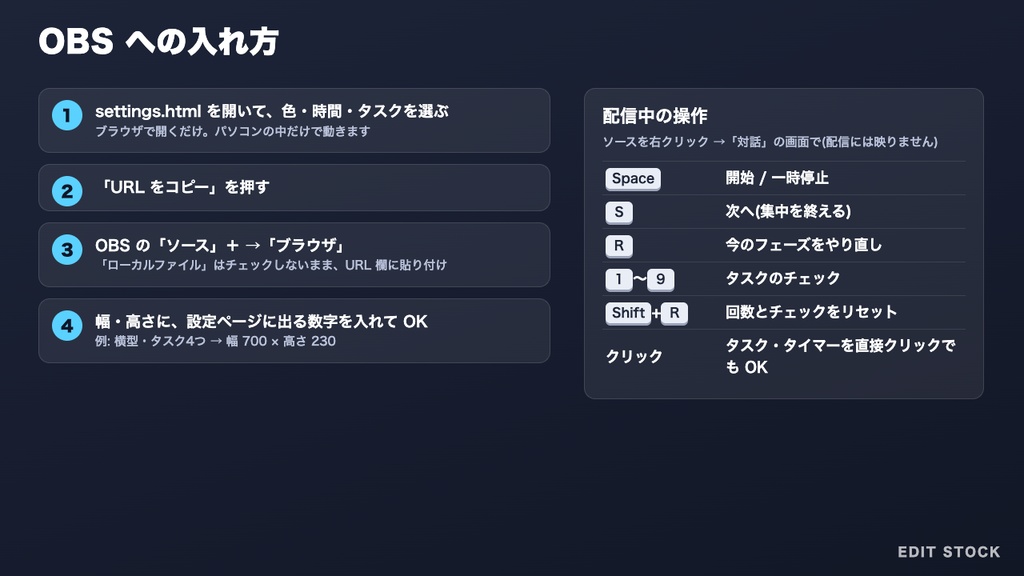 【OBS】作業配信用 ポモドーロタイマー&今日のタスク|集中/休憩表示・セッション回数|5色・縦型対応|無料版あり