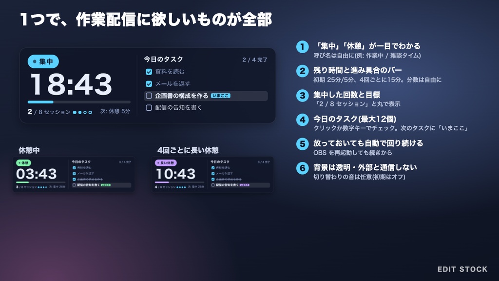 【OBS】作業配信用 ポモドーロタイマー&今日のタスク|集中/休憩表示・セッション回数|5色・縦型対応|無料版あり