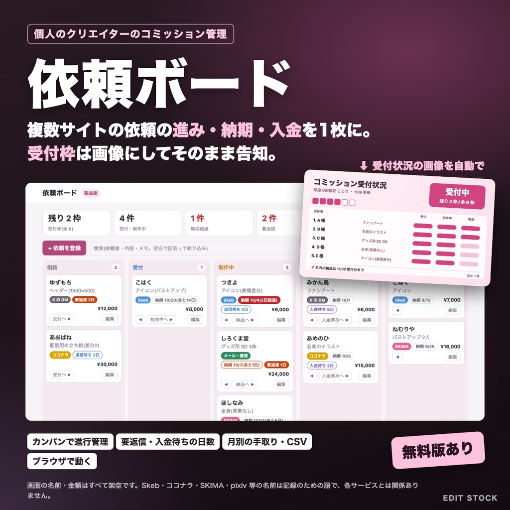 依頼ボード|Skeb・ココナラ・DMの依頼をまとめて管理|コミッションの進み・納期・入金・受付枠|受付状況の画像を自動作成|ブラウザで動く|無料版あり