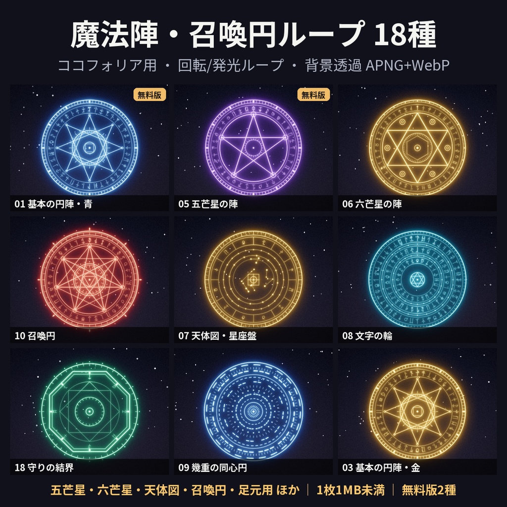 【ココフォリア素材】魔法陣・召喚円 回転/発光ループ 18種|五芒星・六芒星・天体図・足元用・光の柱|APNG+WebP 透過【無料版あり】