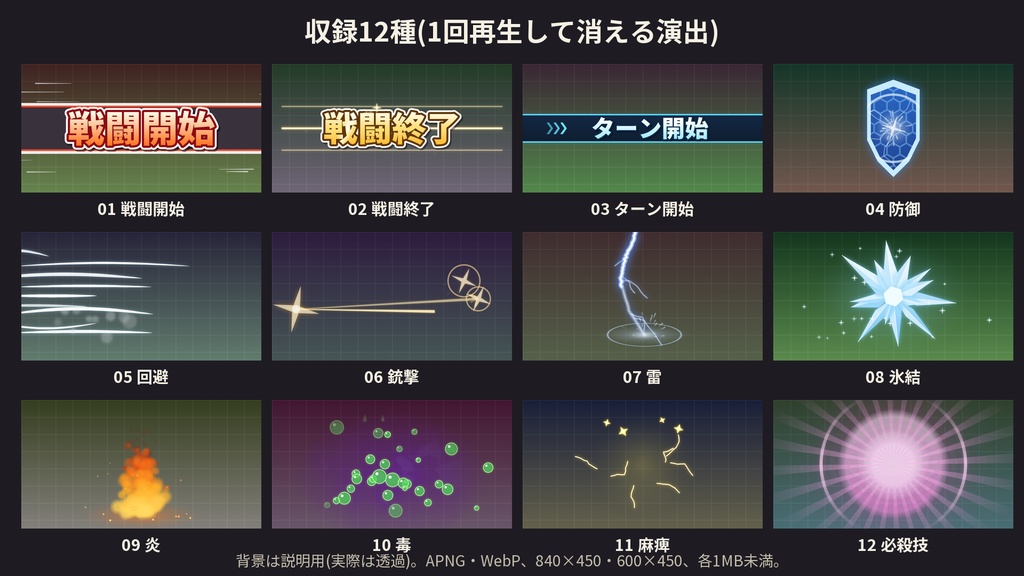 【ココフォリア素材】戦闘演出カットイン 第2弾 12種|戦闘開始・防御・雷・氷結・必殺技|APNG・WebP【無料版あり】