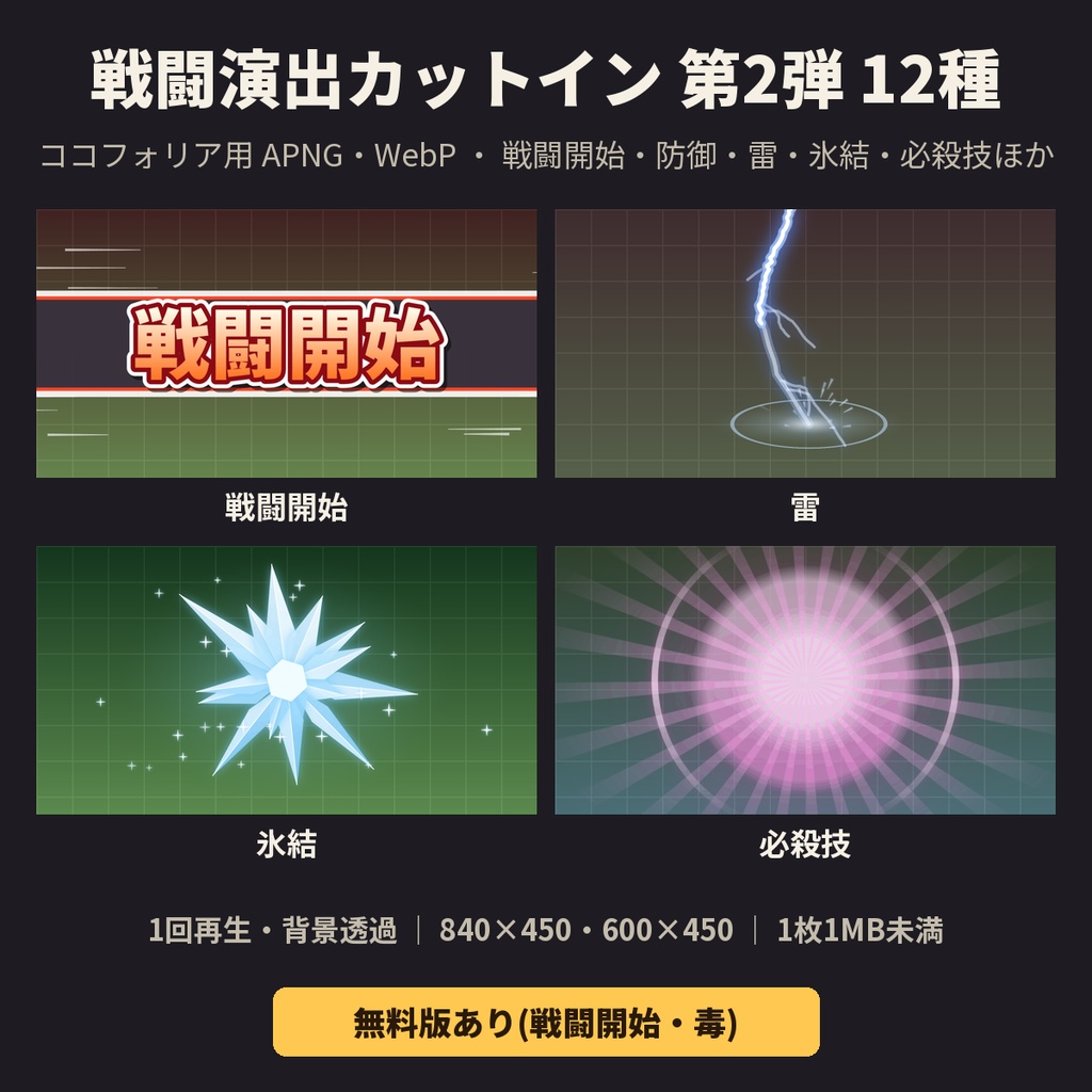 【ココフォリア素材】戦闘演出カットイン 第2弾 12種|戦闘開始・防御・雷・氷結・必殺技|APNG・WebP【無料版あり】